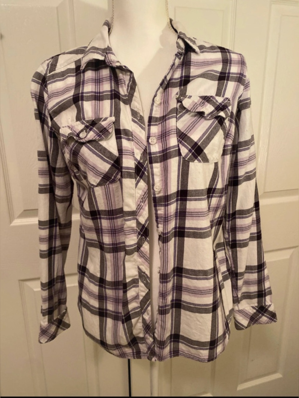 croft & barrow White, Purple and Gray Plaid Button-Down Shirt